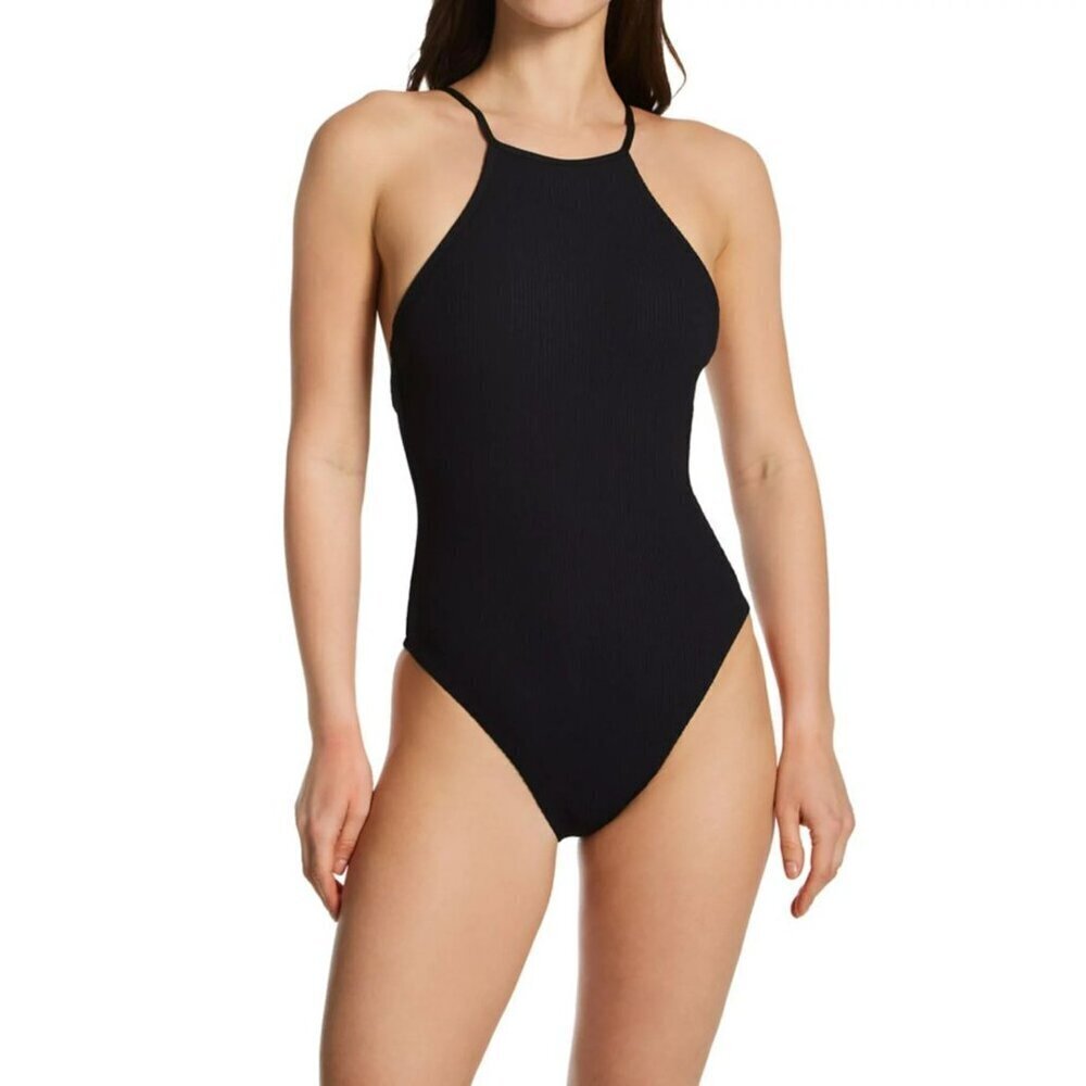 NWT Sanctuary Sandbar Solid Ribbed High Neck One-Piece Swimsuit in Black Sz. S